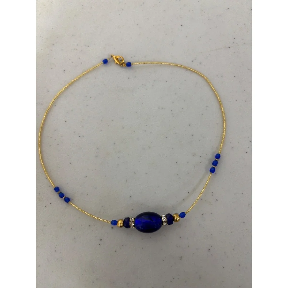 Vecchia‎ Murano Glass Necklace Blue Bead Gold Tone Chain Women